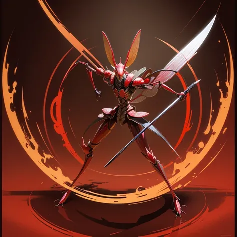 (1 mantis) a red mantis with scythe in the arms, samurai mantis