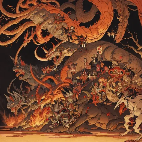 pandemonium, group of yokai, group of oni, giant snake, (fox), centipede, (giant skeleton), spider, demon, oni, tengu, The picture is painted in the style of a Japanese ink painting, (Side angle)
