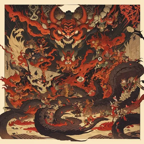 pandemonium, group of yokai, group of oni, giant snake, (fox), centipede, (giant skeleton), spider, demon, oni, tengu, The picture is painted in the style of a Japanese ink painting, (Side angle)
