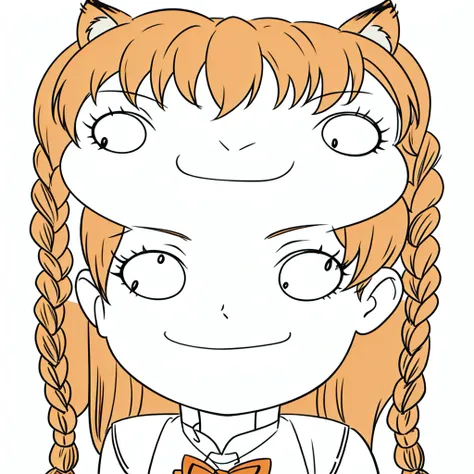 1girl,20 years old,tiger ears,long hair,(twin braids),orange hair,(white background,line drawing),open mouth,sketch,chibi,blusj,smile,