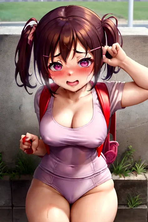 masterpiece, Highest quality, Nico_Yazawa,High resolution, 1 Girl, alone, Brown Hair, short hair, Twin tails、Purple eyes,  , , (Cleavage)、(Beautiful thighs), Carrying a red backpack, (randoseru backpack:1.2) Sweaty、Thick thighs、Highest quality、4K、One girl,...