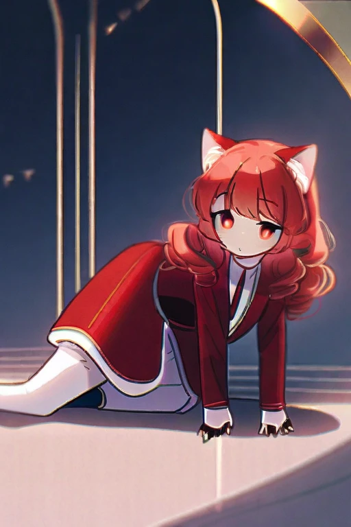 ((Лучшее качество)), ((шедевр)), (подробный), A red-haired girl with cat ears is on her knees