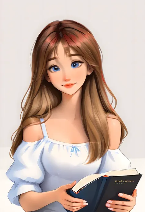 portrait of a cute woman, long hair, light brown hair with red highlights, blue eyes, wearing white, reading a book, white backg...