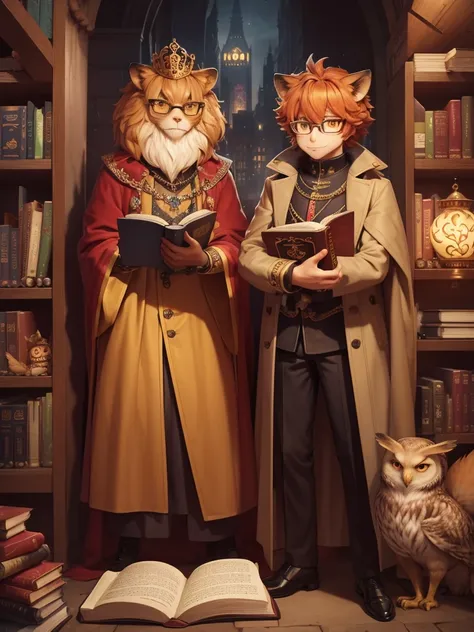 anthropomorphic characters, regal lion, royal attire, cunning fox, trench coat, wise owl, glasses, vibrant cityscape, modern and...