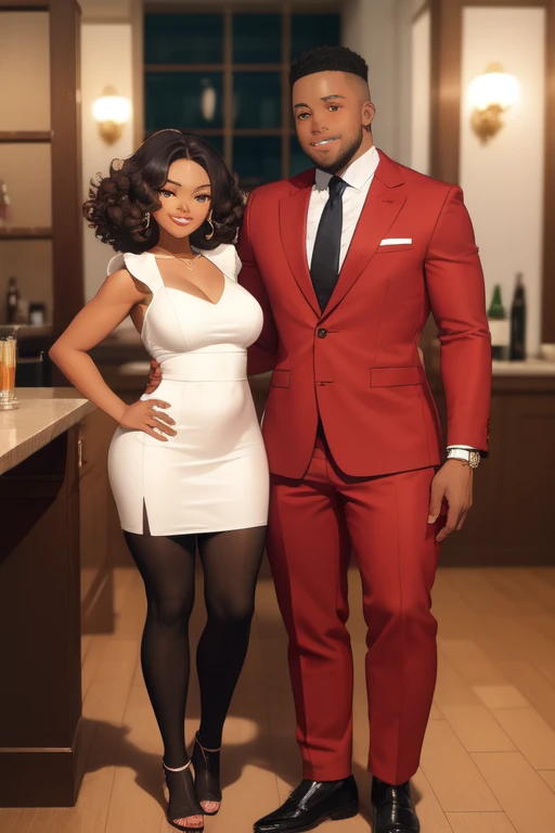 Draw strong young black man, 1,70, low hair, nor the bar, in a burgundy suit and a young black woman, 1,55, with big curly hair, with white dress 