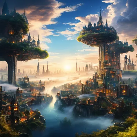 A breathtakingly ethereal cloud city floats gracefully in the heavens, its majestic towers and ethereal architecture leaving viewers in awe. The main subject of this captivating image is a city made entirely of fluffy, white clouds, resembling a dreamlike ...