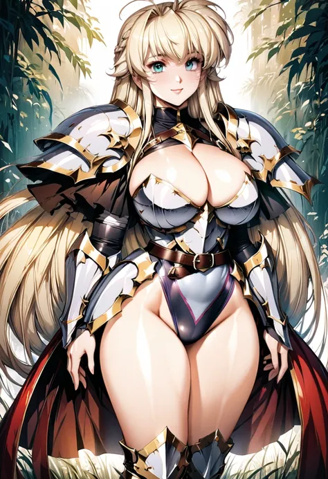 ((highest quality)), ((masterpiece)), ((hyperrealistic)), (detailed background), solo, 1girl, ((curvy: 1.2)), kawaii, smile, dark princess, ((armored dress: 1.3)), langrisser, blonde braided long hair, Ahoge, (paladin armor), ((Tight-fitting leotard bodysu...