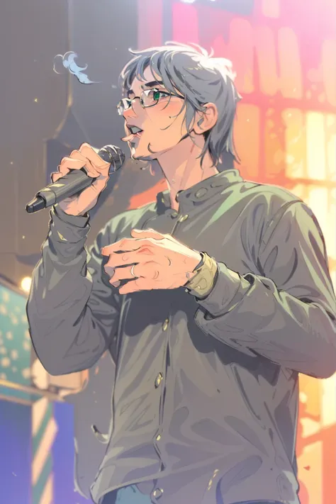 black and white line art illustration of a young male wearing glasses singing on stage with a microphone in his right hand, athl...