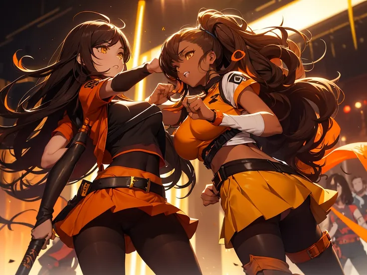 Kizi, Caucasian skin, appealing, messy voluminous dark brown long curly hair, yellow  eyes, light orange cropped top, dark brown shorts above the waist, yellow belt, black pantyhose, dark brown and orange boots, RWBY style, realisitic, dark backdrop with o...