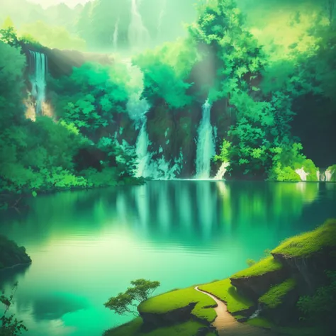 There is a big waterfall in the middle of a green lake, waterfalls and lakes, lakes and waterfalls, Waterfall falling into the lake, Beautiful nature in the background, really Beautiful Nature, green water, Incredibly beautiful, green waters, Very beautifu...