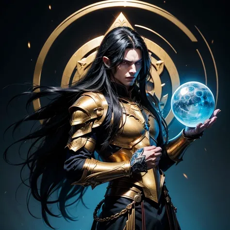 ((naughty man)), ((face perfect)), ((perfectbody)), ((ultra detalhada), a demon lord with long black hair and blue eyes with a defined body holding a magic sphere in his hand, wearing golden armor