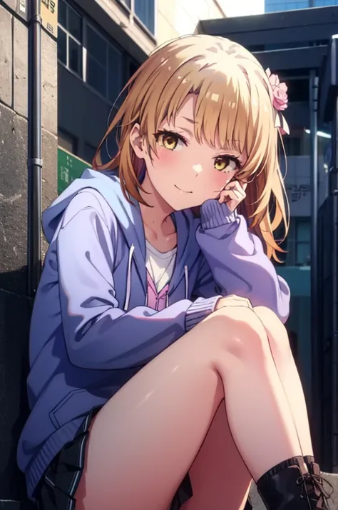 Irohaisshiki, isshiki iroha, Long Hair, Brown Hair, (Brown eyes:1.5), happy smile, smile, Close your mouth,blush,rain,night,Baseball hats,Pink oversized hoodie,V-neck shirt,mini skirt,Black pantyhose,short boots,Sitting leaning against the wall、,Hiding in ...