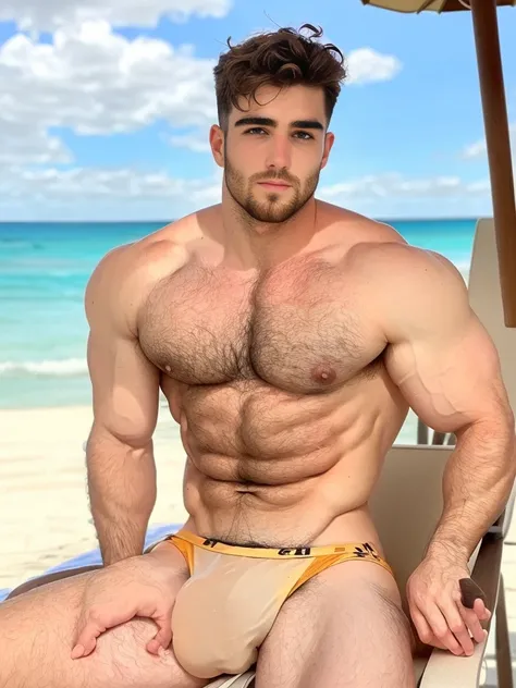 (perfect anatomy), masterpiece, high detail, two handsome man, 24 years old, sitting in a chair on a beach, brasilian beach, taking sun bath, wearing only wet trunks, big bulge, hairy chest, muscular, beard