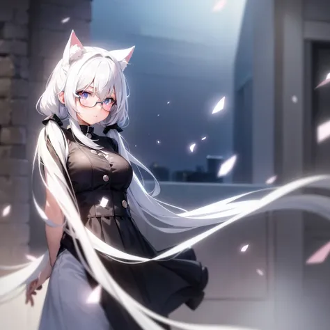 anime girl, white hair pigtails, black ribbons, blushing, blue glowing eyes, white cat ears, 8k, high res, 1 girl, good lighting, fine detail, brown fur jacket, blue jeans, glasses, red glove, (masterpiece), perfect face, best quality, looking at view