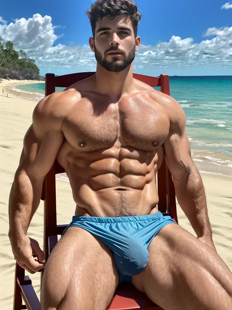 (perfect anatomy), masterpiece, high detail, two handsome man, 24 years old, sitting in a chair on a beach, brasilian beach, taking sun bath, wearing only wet trunks, big bulge, hairy chest, muscular, beard