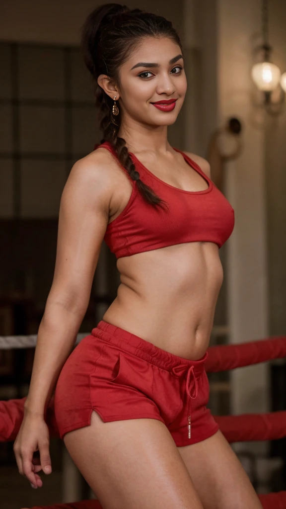 extreme close up photo of 25 years old naked No-one55 as SEXY MMA FIGHTER,red gym shorts, tank top, two braided green ponytail hair, (((seductive posing in MMA ring))), FIGHT CLUB NIGHT scene, curvaceous mature hourglass figure, breasts with cleavage, look...