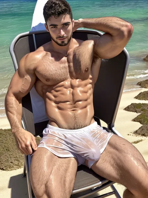 (perfect anatomy), masterpiece, high detail, two handsome man, 24 years old, sitting in a chair on a beach, brasilian beach, taking sun bath, wearing only wet trunks, big bulge, hairy chest, muscular, beard