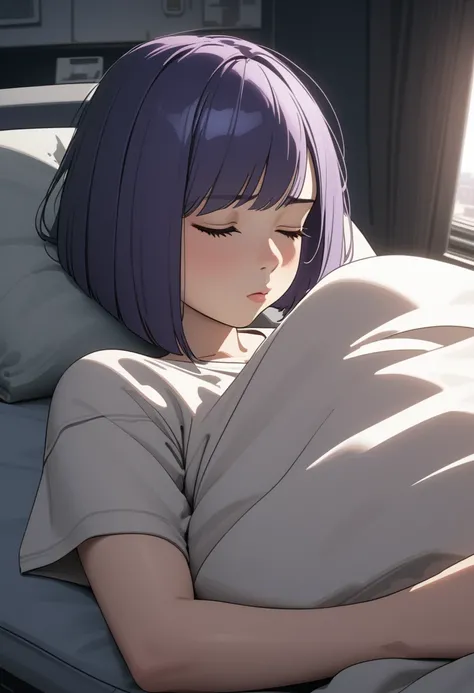 Adult Female, Black purple hair, slanted bob haircut, phlegmatic, stoic expression, cyberpunk apartment, sleeping, baggy clothes, slob, highly detailed, high quality, perfect quality, 8k