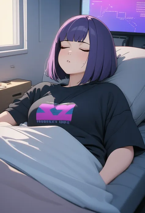 adult female, black purple hair, slanted bob haircut, phlegmatic, stoic expression, cyberpunk apartment, sleeping, baggy clothes...