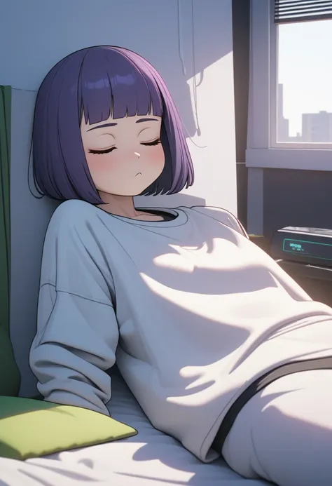 Adult Female, Black purple hair, slanted bob haircut, phlegmatic, stoic expression, cyberpunk apartment, sleeping, baggy clothes, slob, highly detailed, high quality, perfect quality, 8k