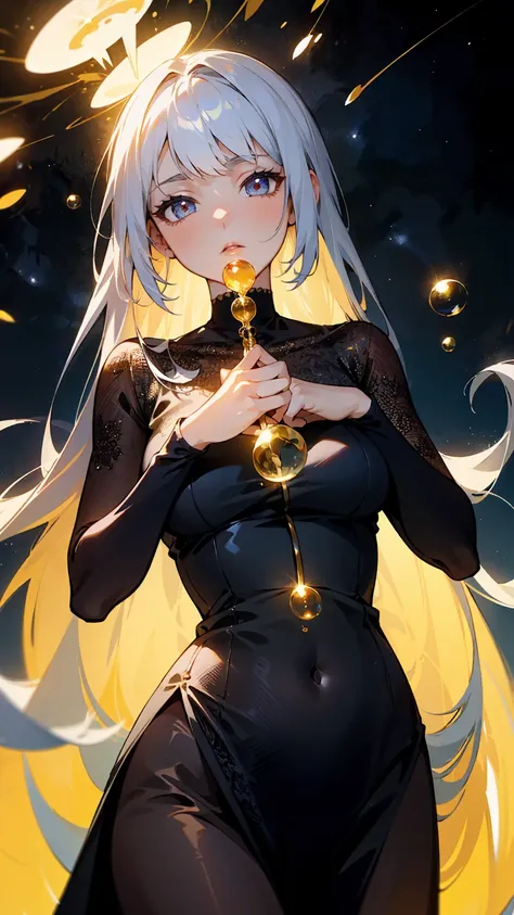 1 adult, masterpiece, best quality, girl, look at the viewer, ((she touching a bubble)), in the universe, wearing a black dress, golden details, ((looking pretty)), ((very confident)), white hair, silver eyes, long straight hair, many bubbles around, self-...