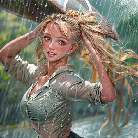 masterpiece of ExtremelyDetailed (ProfessionalPhoto of Stunning women:1.4) Looking at Sky, (((Downpour))), BraidHair with bun, (Joyful Expressions LifeLike Rendering), ((Extremely detailed beautiful face and eyes)) BlushAhegao SmoothArmpit LiquidSoap White...