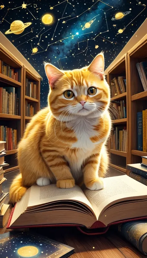 A cute yellow cat is in a room. The walls are decorated with pictures of space and constellations. The bookshelves are full of books about space and constellations. The cat is looking at a book about constellations.