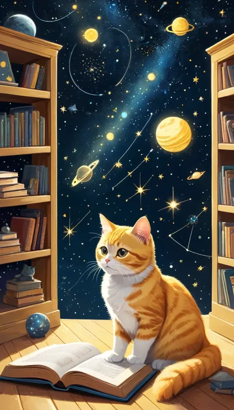 A cute yellow cat is in a room. The walls are decorated with pictures of space and constellations. The bookshelves are full of books about space and constellations. The cat is looking at a book about constellations.