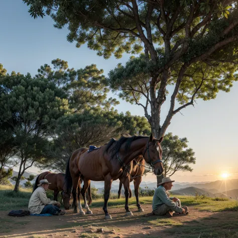 Nomadic elderly man resting against his horse under a tree at the top of a Serra da Matiqueira at sunrise 