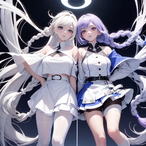 Kizi, Caucasian skin, appealing, long white and blue double braids voluminous hair style, violet eyes, top cropped branco, white shorts above the waist, blue belt, white pantyhose, white and blue boots, RWBY style, realisitic, dark backdrop with white and ...