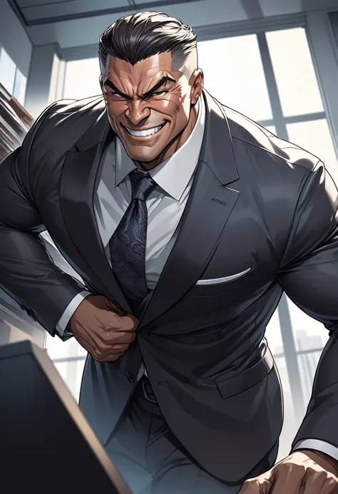 detailed illustration, dynamic angle, ultra-detailed, illustration, 1man, strong, smirk, suit coat, office, smiling, dominant, authority, boss, powerful