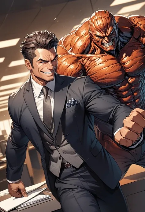 detailed illustration, dynamic angle, ultra-detailed, illustration, 1man, strong, smirk, suit coat, office, smiling, dominant, authority, boss, powerful