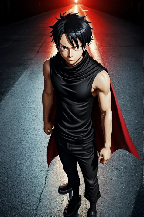 one piece wallpaper. 
anime version of one piece, black haired teenager with fluorescent red eyes, little bangs. Of clothes, black hood with cape, black sleeveless turtleneck t-shirt, loose black pants.