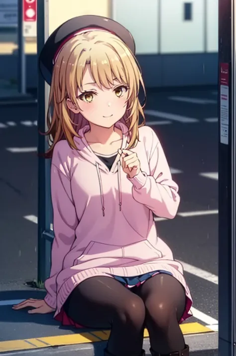 Irohaisshiki, isshiki iroha, Long Hair, Brown Hair, (Brown eyes:1.5), happy smile, smile, Close your mouth,blush,rain,night,Baseball hats,Pink oversized hoodie,V-neck shirt,mini skirt,Black pantyhose,short boots,Sitting on a bus stop bench、,Hidden in a cov...