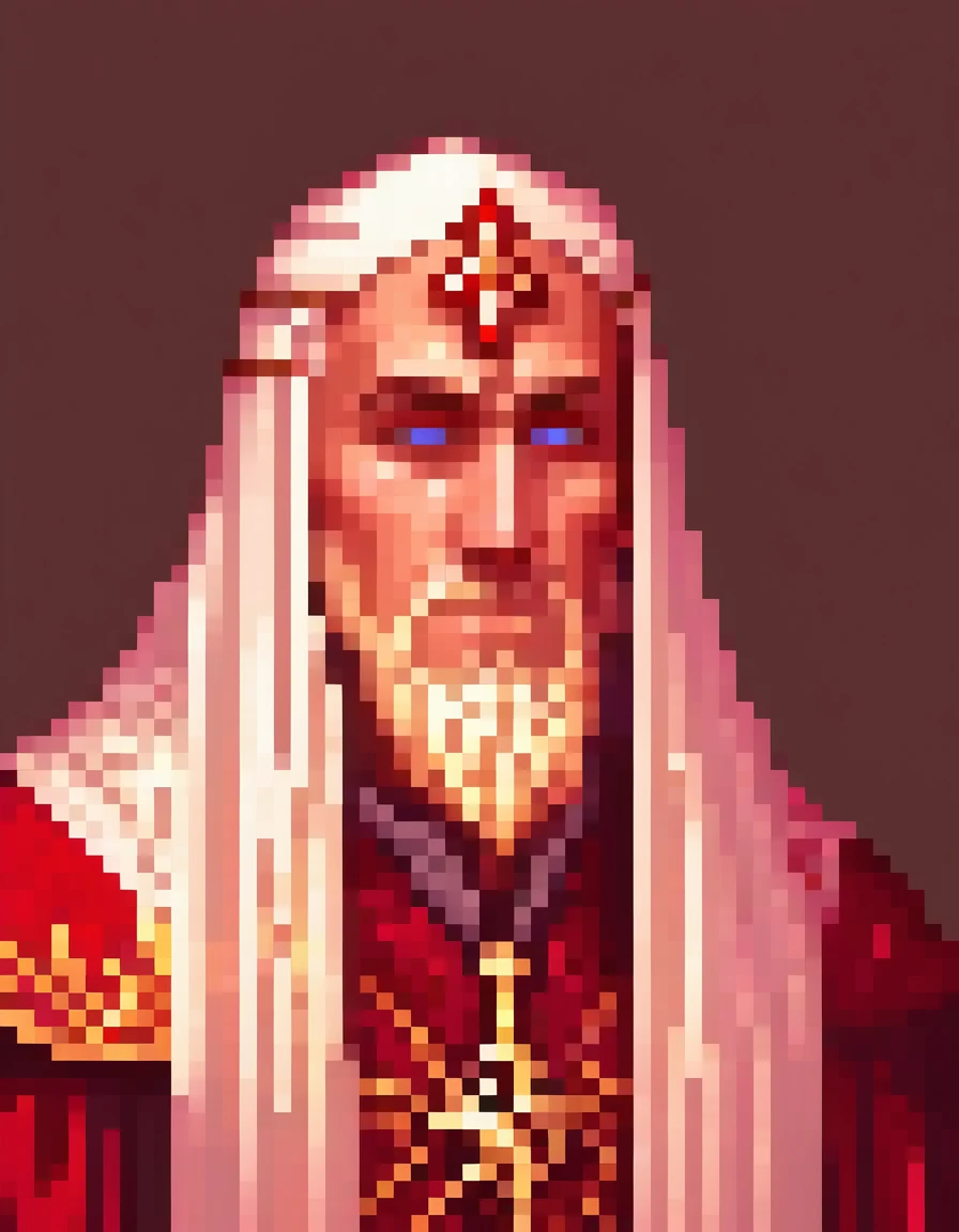 a thin cleric male portrait, detailed eyes, , extremely detailed face and features, team focused buff powers, red flowing robes, soft glowing light, intricate pixel art style, highly detailed, masterpiece, 8k, photorealistic, portrait, fantasy, magical, et...