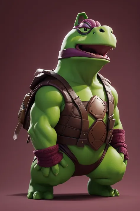 A Rafael turtle mascot from Ninja Turtles with a burgundy background