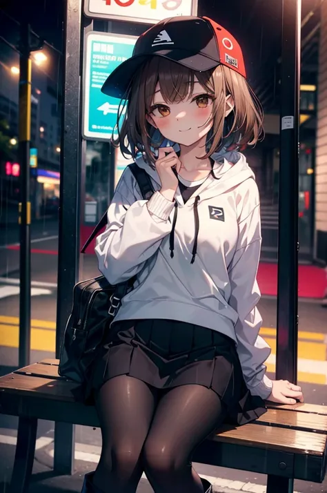 Irohaisshiki, isshiki iroha, Long Hair, Brown Hair, (Brown eyes:1.5), happy smile, smile, Close your mouth,blush,rain,night,Baseball hats,Pink oversized hoodie,V-neck shirt,mini skirt,Black pantyhose,short boots,Sitting on a bus stop bench、,Hidden in a cov...