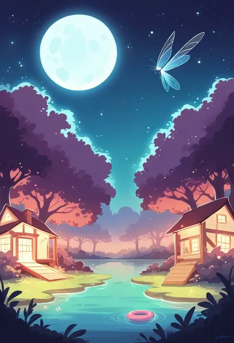 "A serene starry night scene with a full moon shining softly in the sky, illuminating a calm lake. Tall, dark trees surround the lake, reflecting its silhouette in the water. Fireflies float delicately in the air, emitting a soft glow. No fundo, a small wo...