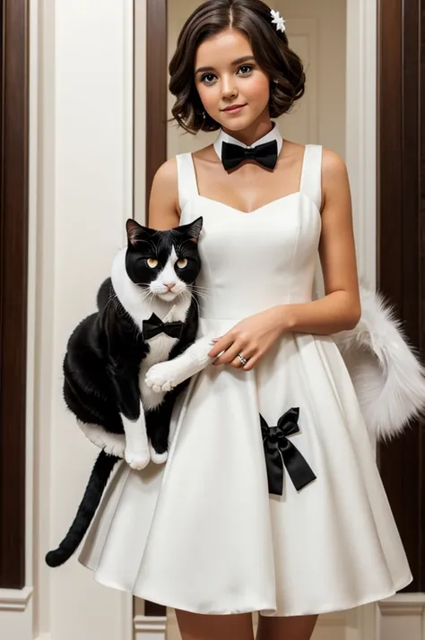 Girl in goddess dress, with short brown hair and white fur holding up two black and white tuxedo cats 