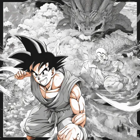 Great a manga story with Son goku and Krillin in diverses situations, diverse dragon ball scenes very detailed, scene in black and white, manga page, diverse environnement background, very high quality,