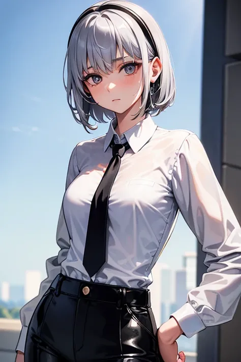 18 years old woman, has short silver hair , honey colored eyes, Solid Button Front Shirt & black necktie, Black long pants, she has headphones,