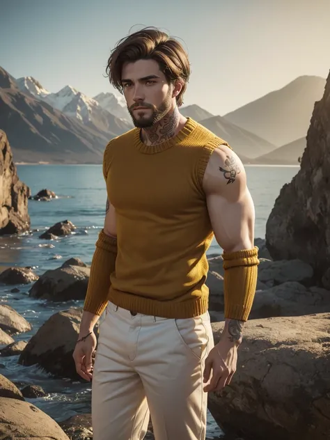 a 25 year old man, short brown hair, wearing a yellow sweater, white pants, short beard, handsome face, pale skin, tattoos, muscular body, outdoor scenic background, cinematic lighting, highly detailed, photorealistic, 8k