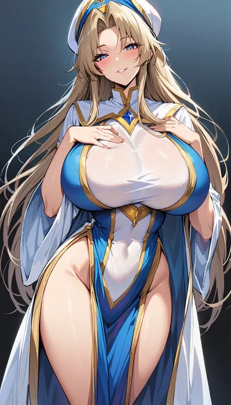 mastepiece, best quality, solo, belldandy, (adult woman), beautiful face, huge breasts, long hair, seductive smile, priestess, round-shaped cap, standing, hand on chest, cowboy shot