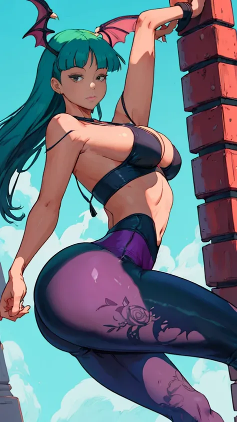 extremely delicate and beautiful, Amazing, finely detail, masterpiece, ultra-detailed, highres,best illustration, best shadow,intricate,sharp focus,  high quality, Morrigan Aensland, solo, long hair, curvy, milf, giant breasts, sexy body, black yoga pants,...