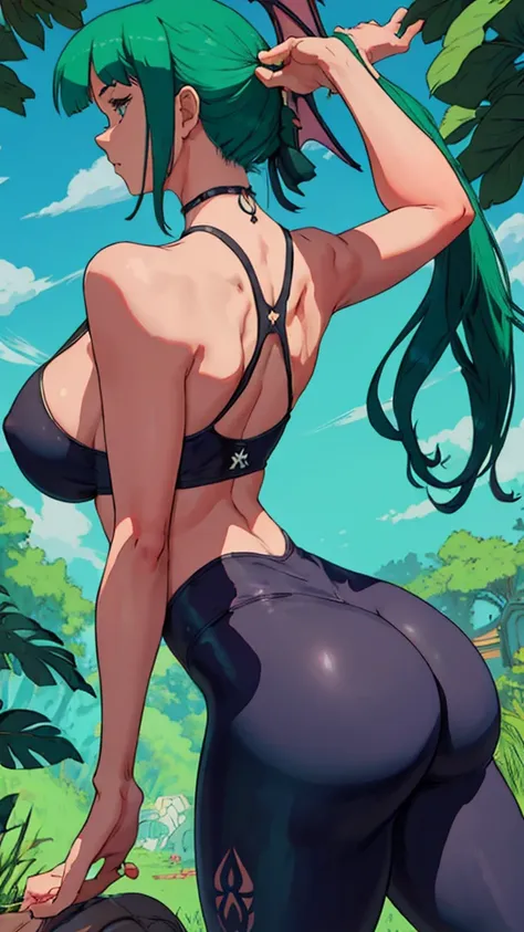 extremely delicate and beautiful, Amazing, finely detail, masterpiece, ultra-detailed, highres,best illustration, best shadow,intricate,sharp focus,  high quality, Morrigan Aensland, solo, long hair, curvy, milf, giant breasts, sexy body, black yoga pants,...