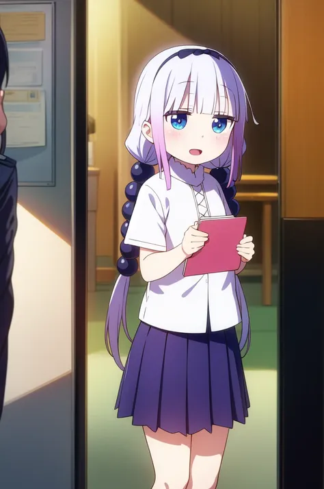 masterpiece, absurdres, official art,
kanna,hairband,beads,twintails, happy, v arms, 
police station