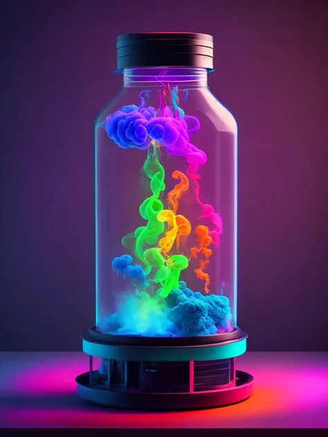 
In a laboratory, neon colors are transferred to Ape in a glass capsule and colored smoke comes out of the capsule. there are splashes of neon color around and some broken wires transferring color in places.