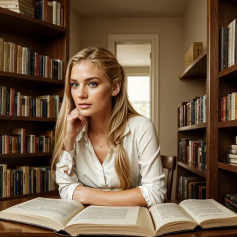 A blonde woman in her 30s with blue eyes is sitting in a quiet, modern library. She has her long hair tied back in a ponytail or chignon. She is dressed in classic, everyday clothing, such as a comfortable blouse and jeans or a casual dress. She is seated ...