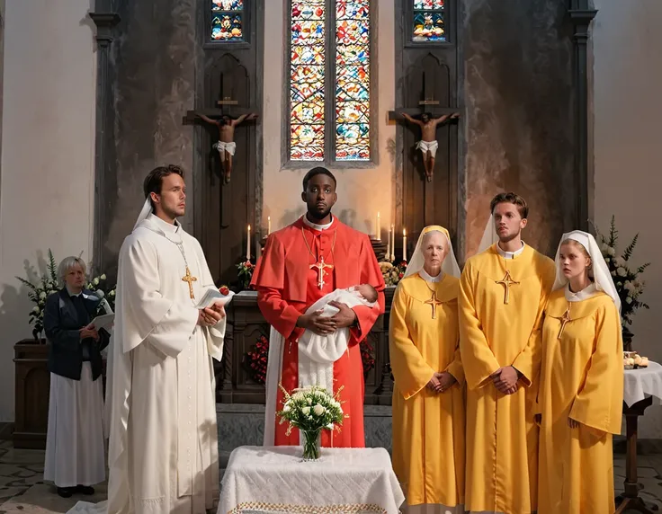 an ultra realistic church altar, gothic style, in front of the pupto in the center we have a black man, holding a newborn baby w...