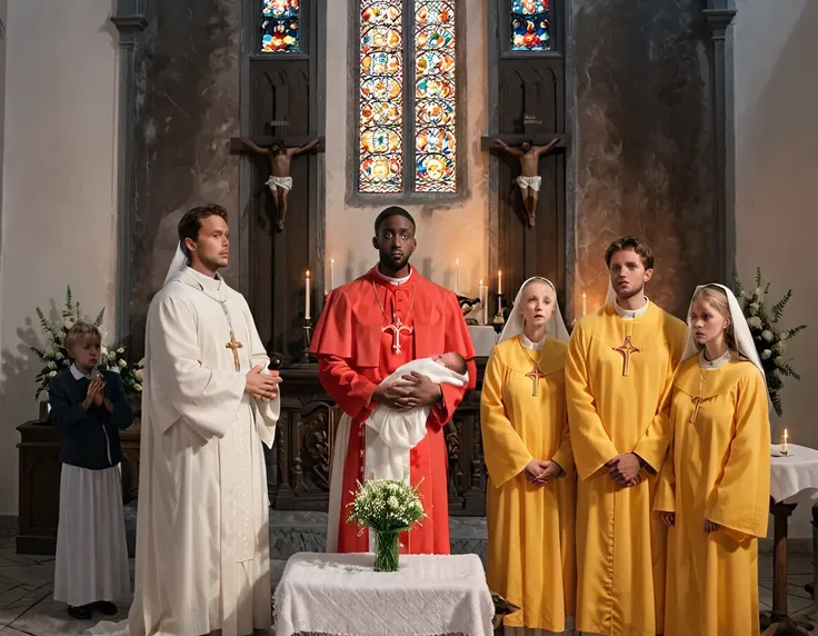 an ultra realistic church altar, gothic style, in front of the pupto in the center we have a black man, holding a newborn baby w...